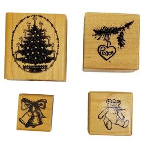 Vintage Rubber Stamps Lot Christmas Tree Bells Teddy Bear Peace Heart Holiday